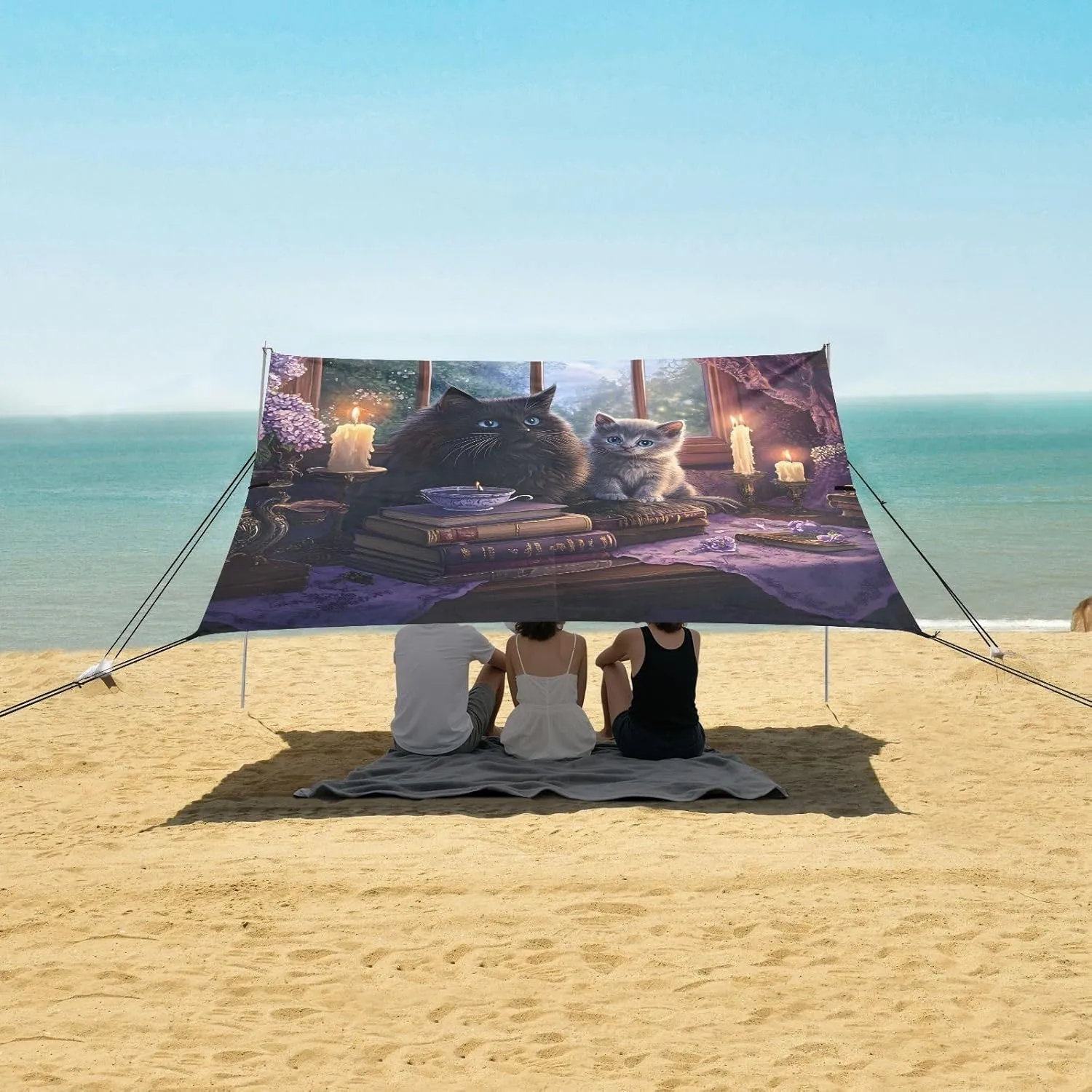 Beach Canopy Tent Patio Sun Shade Outdoor 9.2 × 10.5 FT Mystical Black Cats Books Candlelight Camping Sun Shelter Custom Print Shelters with Sand Bags Poles