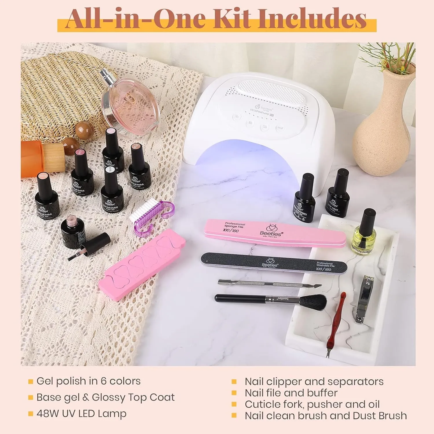 Beetles Gel Nail Polish Kit with U V LED Light 48W,6 Colors Jelly Milky White Sheer Pink Nude Gel Polish Starter Kit Manicure,Soak Off U V Gel Nail Polish Set Salon DIY for Girl