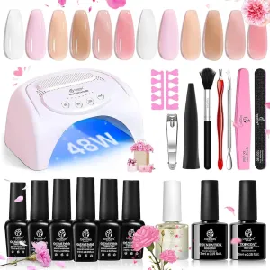 Beetles Gel Nail Polish Kit with U V LED Light 48W,6 Colors Jelly Milky White Sheer Pink Nude Gel Polish Starter Kit Manicure,Soak Off U V Gel Nail Polish Set Salon DIY for Girl