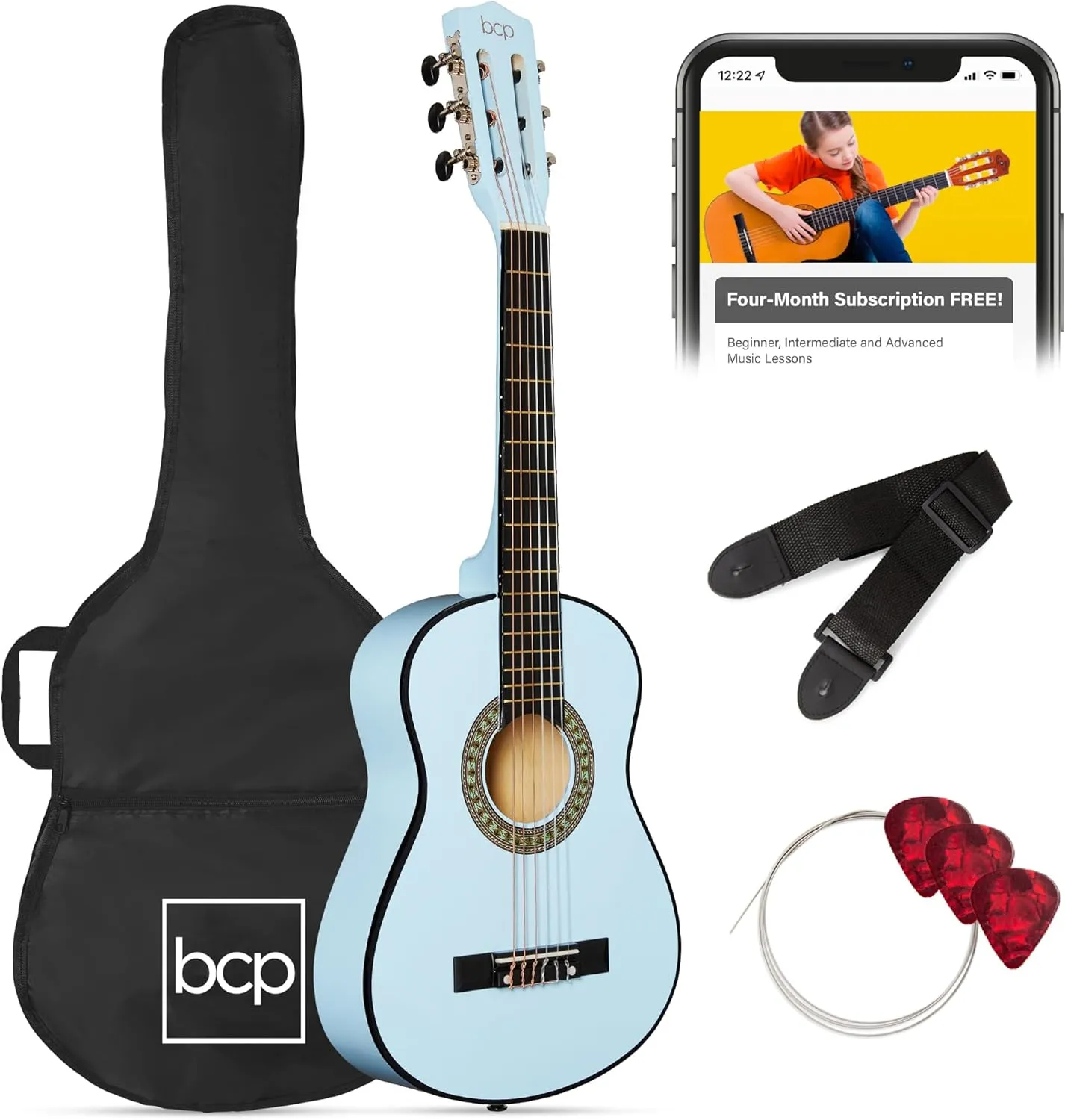 Best Choice Products 30in Kids Acoustic Guitar, All-in-One Beginner Starter Kit w/Strap, Case, Extra Strings, Rosette Inlay - Light Blue