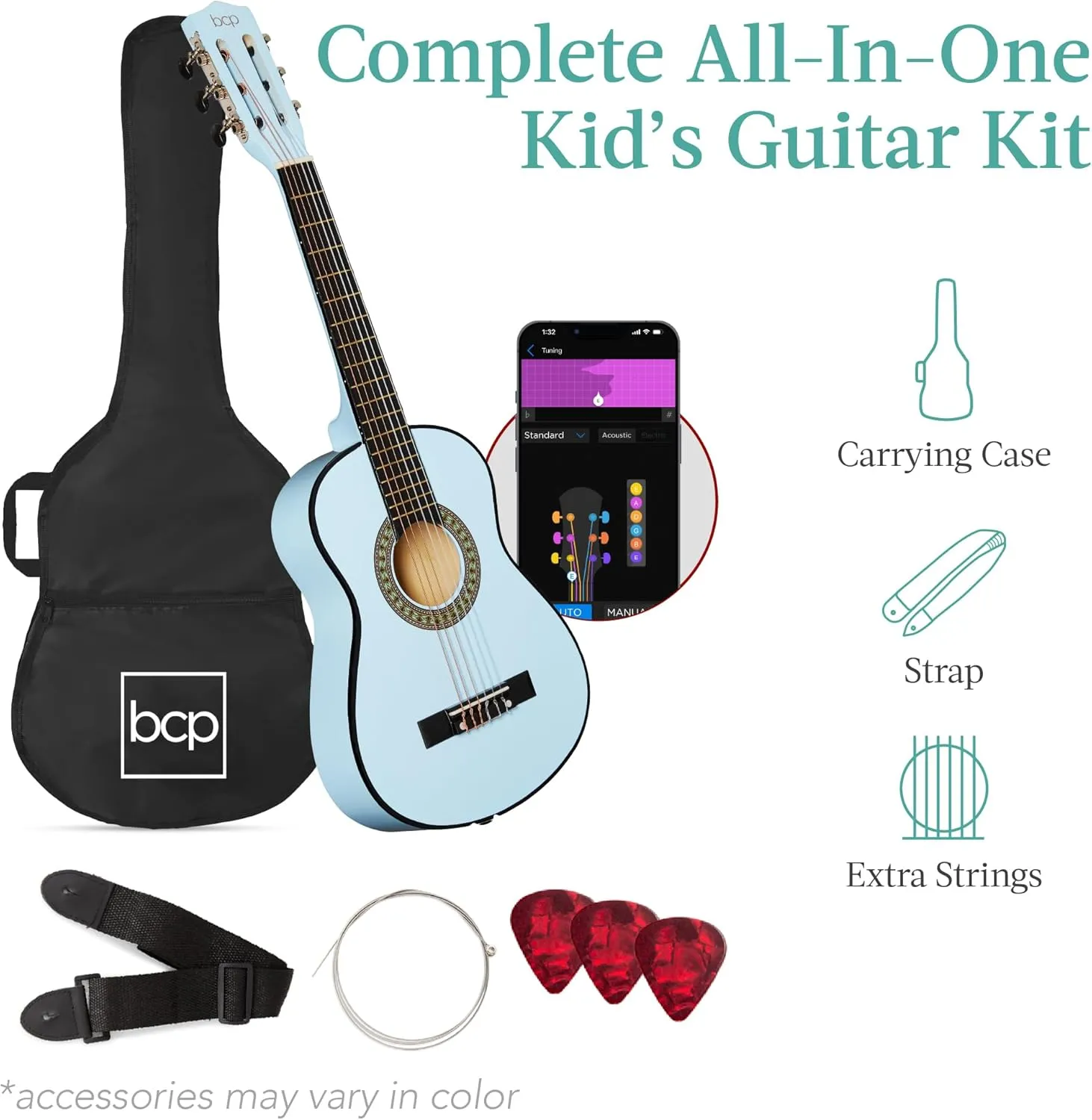 Best Choice Products 30in Kids Acoustic Guitar, All-in-One Beginner Starter Kit w/Strap, Case, Extra Strings, Rosette Inlay - Light Blue