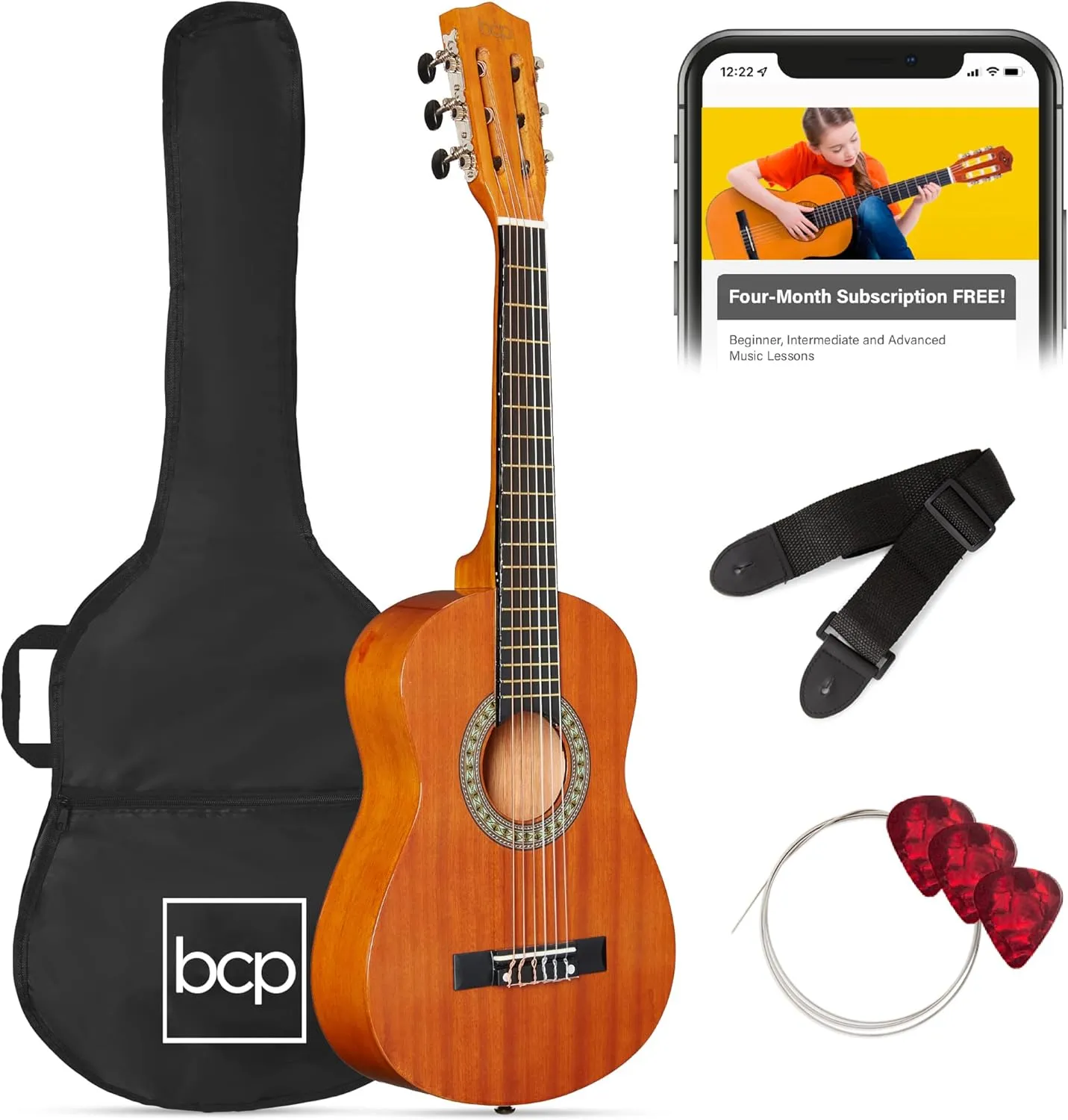 Best Choice Products 30in Kids Acoustic Guitar, All-in-One Beginner Starter Kit w/Strap, Case, Extra Strings, Rosette Inlay - Natural Mahogany