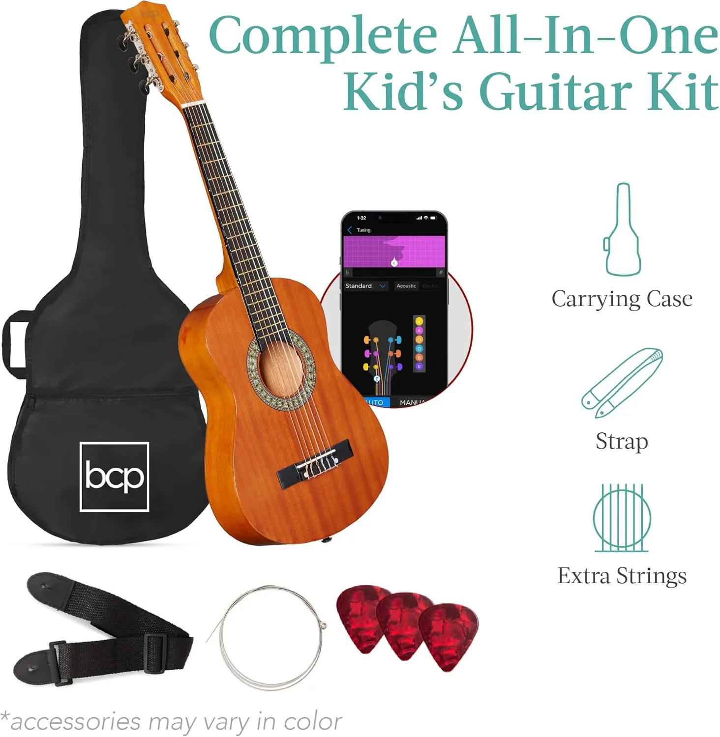 Best Choice Products 30in Kids Acoustic Guitar, All-in-One Beginner Starter Kit w/Strap, Case, Extra Strings, Rosette Inlay - Natural Mahogany