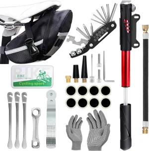Bicycle Tire Repair Tool Kit & Bicycle Tire Pump, Home Bike Tool Portable Patches Fixes, Inflator, Maintenance for Camping Travel Essentials Tool Bag