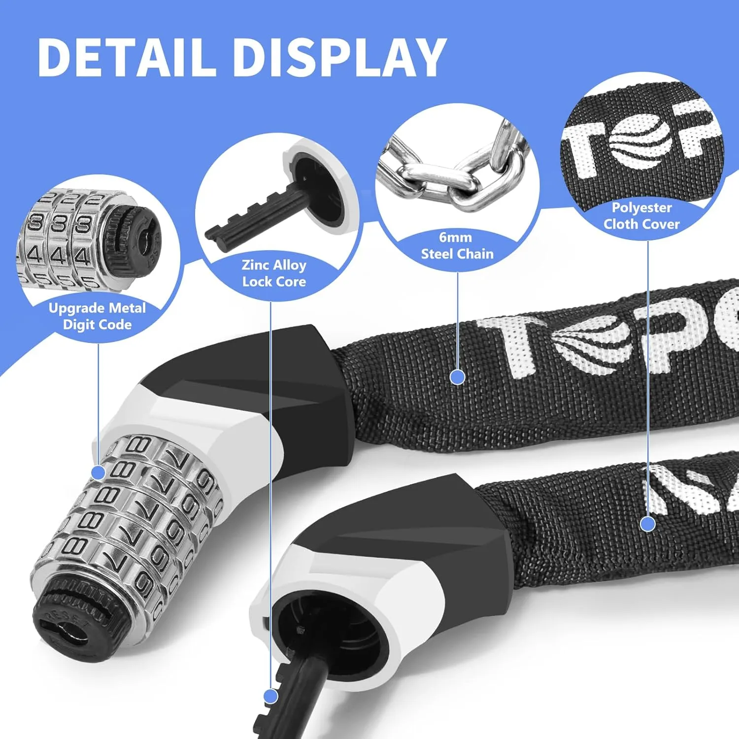 Bike Lock Upgrade Metal Digital Dials 3 ft Long High Security Heavy Duty Anti Theft Bike Chain Lock, 5 Digit Combination Keyless Bicycle Lock for Bike/Electric Scooter/Ebike/Motorcycle