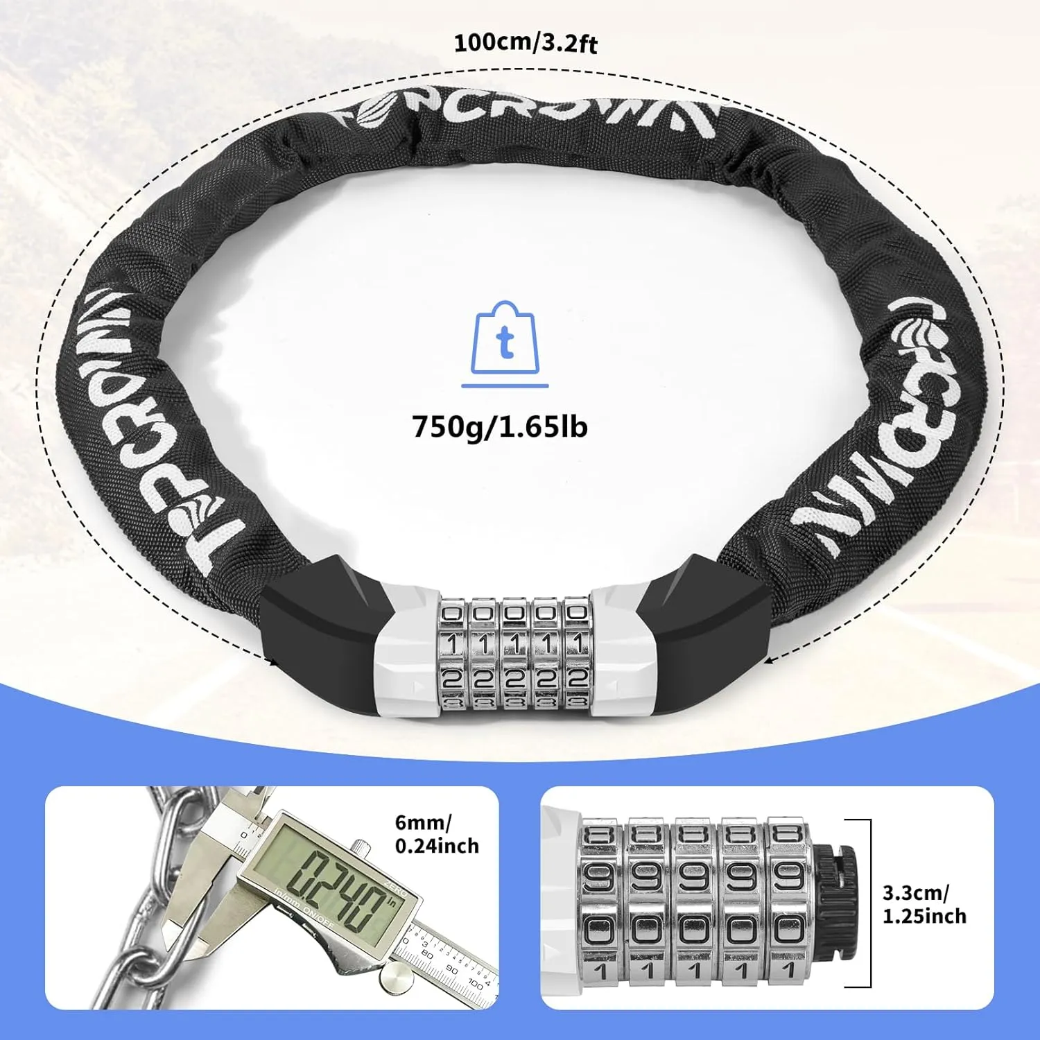 Bike Lock Upgrade Metal Digital Dials 3 ft Long High Security Heavy Duty Anti Theft Bike Chain Lock, 5 Digit Combination Keyless Bicycle Lock for Bike/Electric Scooter/Ebike/Motorcycle