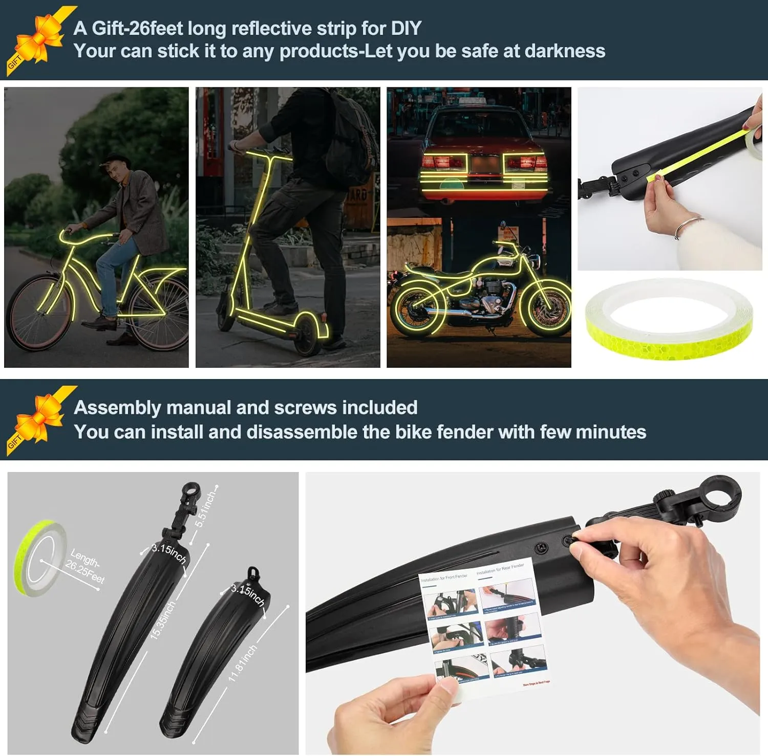 Bike Mudguard Set with 8M DIY Reflective Tape, 2 Parts-Universal Full Cover Thicken Widen Bicycle Fender Set, Front/Rear Mud Guards Fit for 20"/22"/24"/26" MTB Mountain Road Bike Riding Cycling