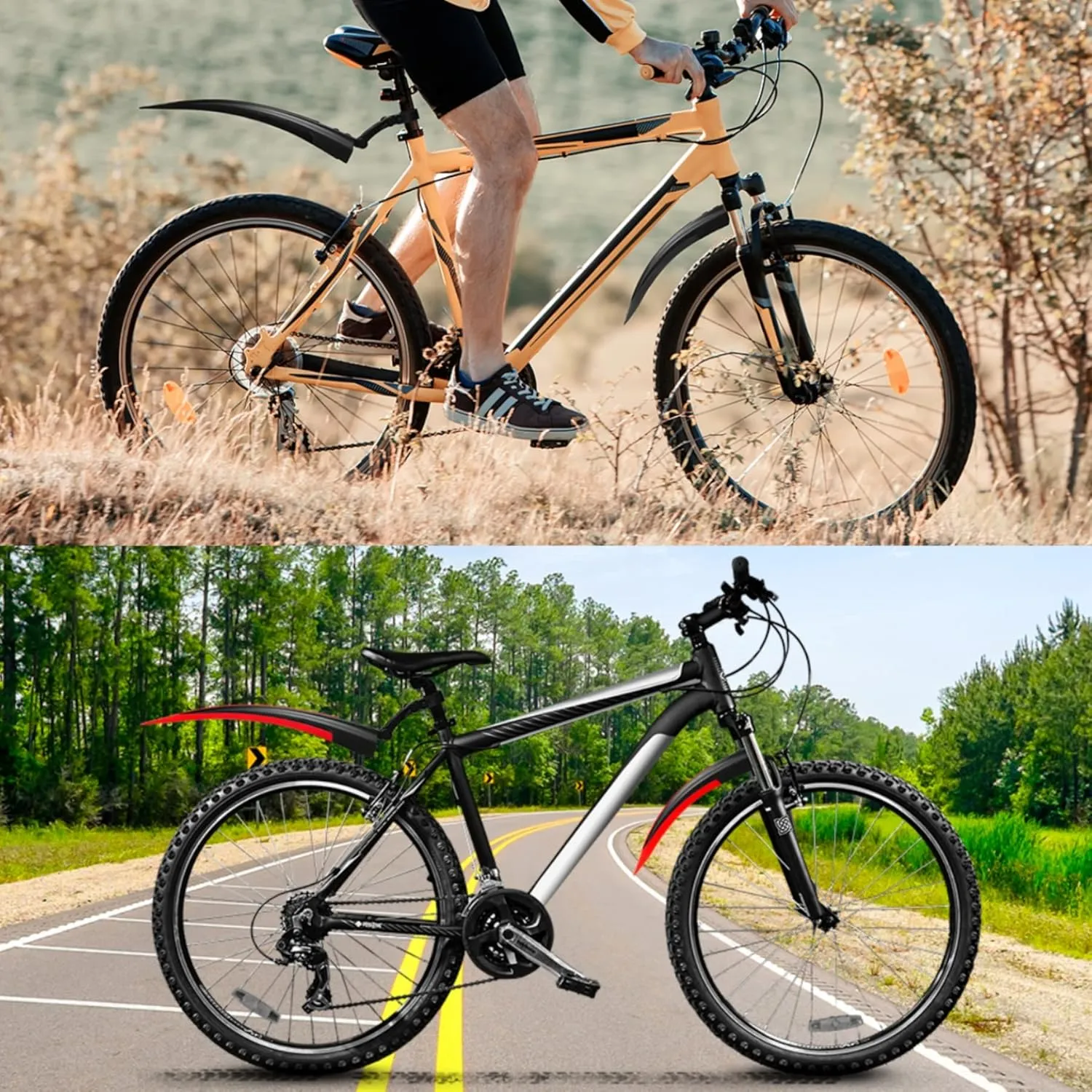 Bike Mudguard Set with 8M DIY Reflective Tape, 2 Parts-Universal Full Cover Thicken Widen Bicycle Fender Set, Front/Rear Mud Guards Fit for 20"/22"/24"/26" MTB Mountain Road Bike Riding Cycling