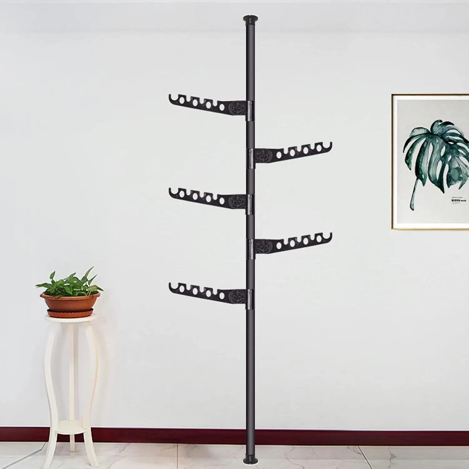 Black 5-Tier Standing Clothes Laundry Drying Rack Grament Coat Hanger Organizer Floor to Ceiling Adjustable Metal Corner Tension Pole Spce Saver with Socks Towel Clothespins