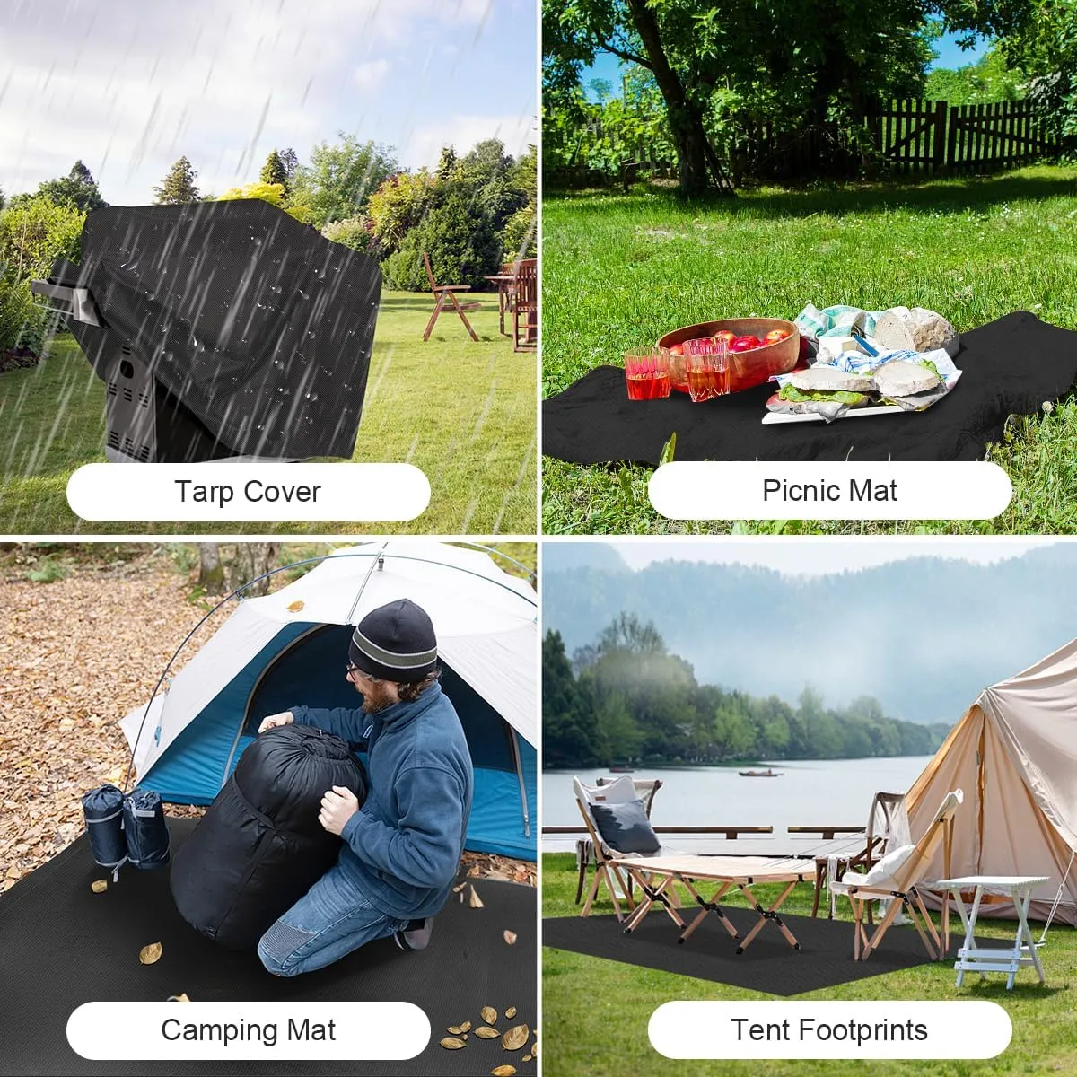 Black Waterproof Tarp Cover for Outdoor: Multi-Purpose Oxford Tarpaulin with Reinforced Webbing Loops for Garden Shed Patio Camping Pool Roof Tent - Durable and Tear Resistant (5ft x 12ft)