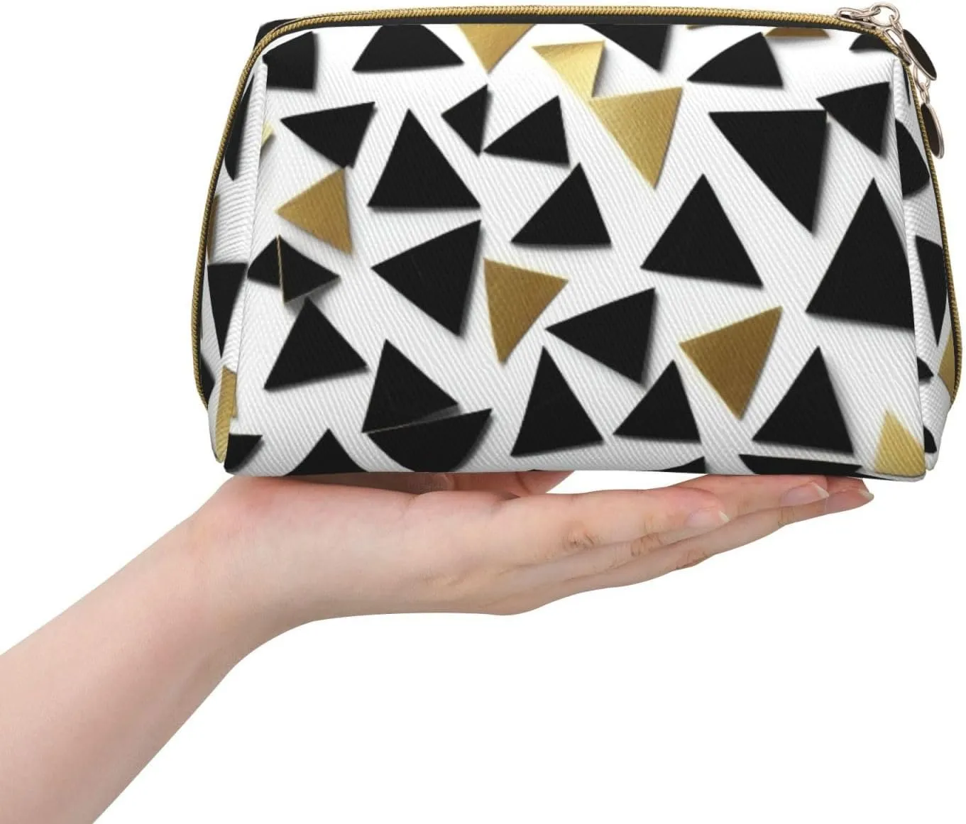 Black White Gold Triangles Toiletry Pouch, Travel-Friendly Makeup Organizer For Makeup Brushes, Lipsticks