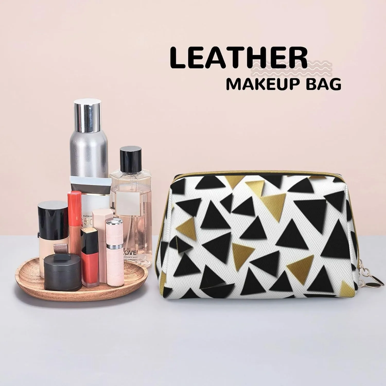 Black White Gold Triangles Toiletry Pouch, Travel-Friendly Makeup Organizer For Makeup Brushes, Lipsticks
