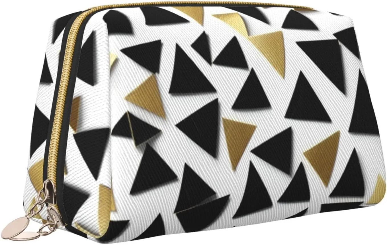 Black White Gold Triangles Toiletry Pouch, Travel-Friendly Makeup Organizer For Makeup Brushes, Lipsticks