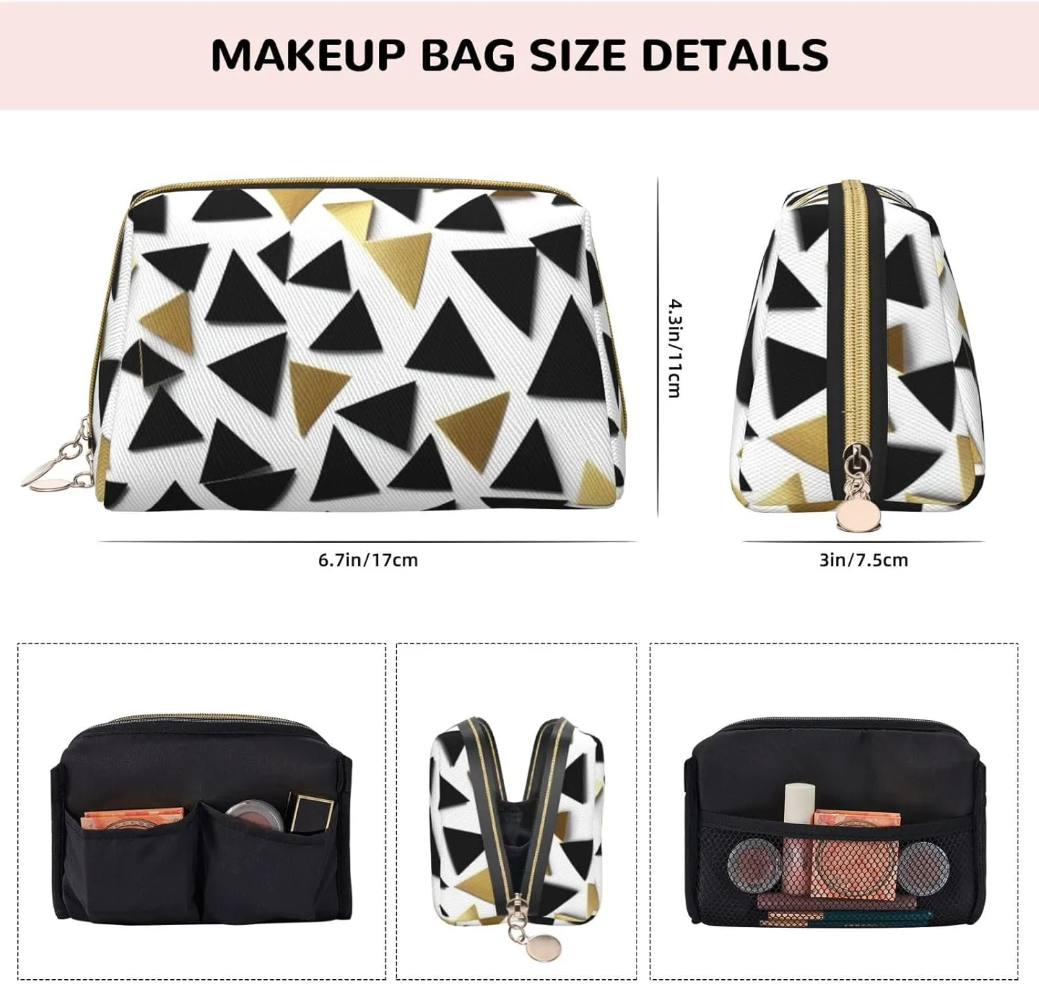 Black White Gold Triangles Toiletry Pouch, Travel-Friendly Makeup Organizer For Makeup Brushes, Lipsticks