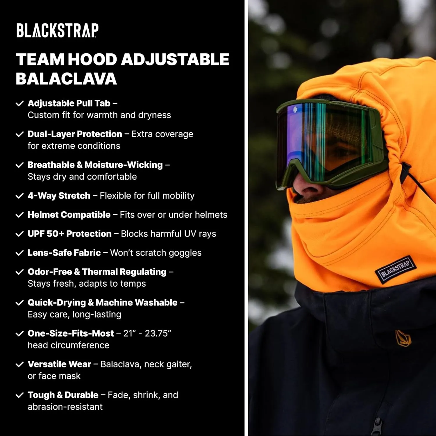 BLACKSTRAP Team Hood Dual Layer Adjustable Balaclava Ski Mask Compatible, Adult Unisex, One Size Fits All, [Insert Color]
