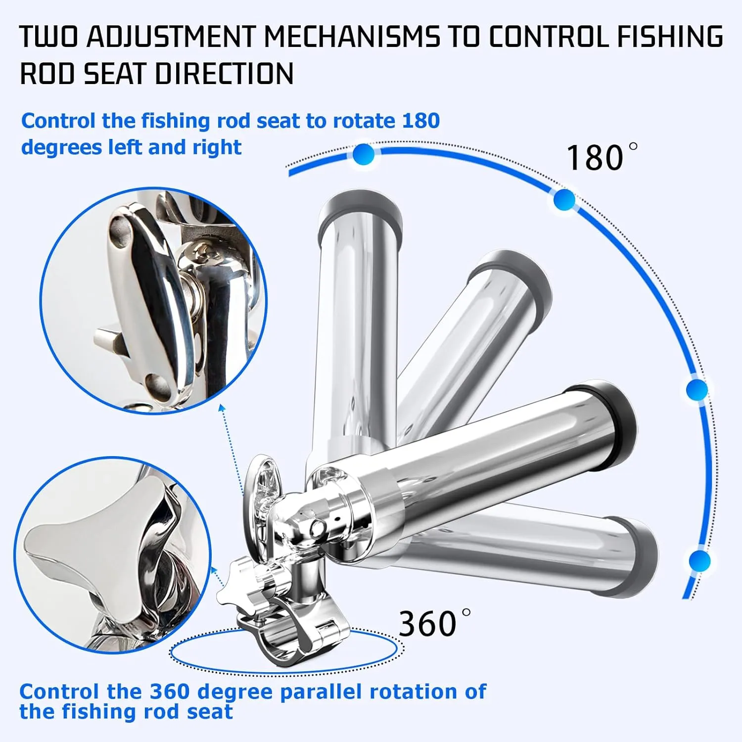 Boat Fishing Rod Holder, 360 Degree Marine Grade Stainless Steel 316 Adjustable Swivel Fishing Pole Holders, Deck Mount and Rail Mount Fishing Rod Bracket
