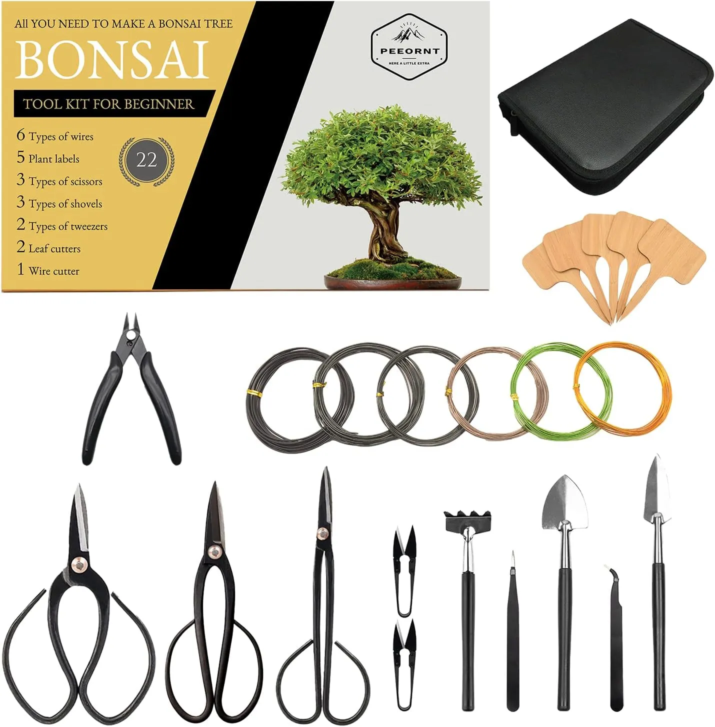 Bonsai Tree Tools Kit, 22 PCs Bonsai Tools Set High Carbon Steel Trimming Tools Set Include Pruning Shears, Cutters, Training Wires, Bonsai Grooming Care Kit for Beginner Gardening Gifts