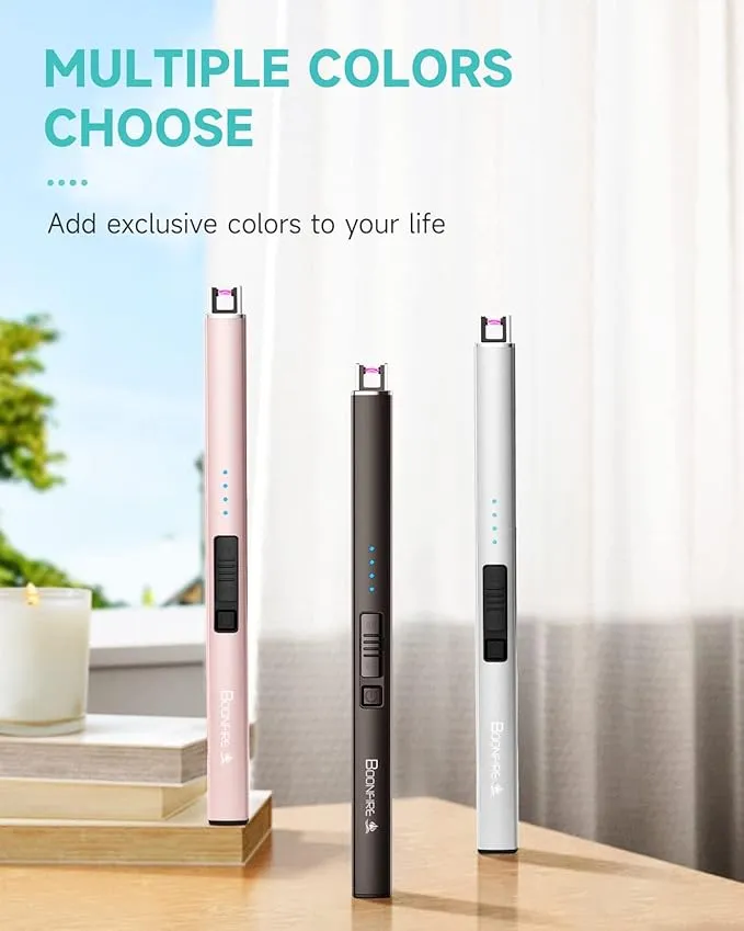 Boonfire Candle Lighter, Electric Rechargeable Arc Lighter with LED Battery Display Portable USB Charging Flame-Less Windproof Lighters for Light Candles Gas Stoves Camping Barbecue(Silver)