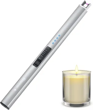 Boonfire Candle Lighter, Electric Rechargeable Arc Lighter with LED Battery Display Portable USB Charging Flame-Less Windproof Lighters for Light Candles Gas Stoves Camping Barbecue(Silver)