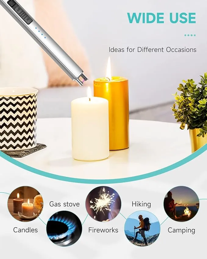 Boonfire Candle Lighter, Electric Rechargeable Arc Lighter with LED Battery Display Portable USB Charging Flame-Less Windproof Lighters for Light Candles Gas Stoves Camping Barbecue(Silver)