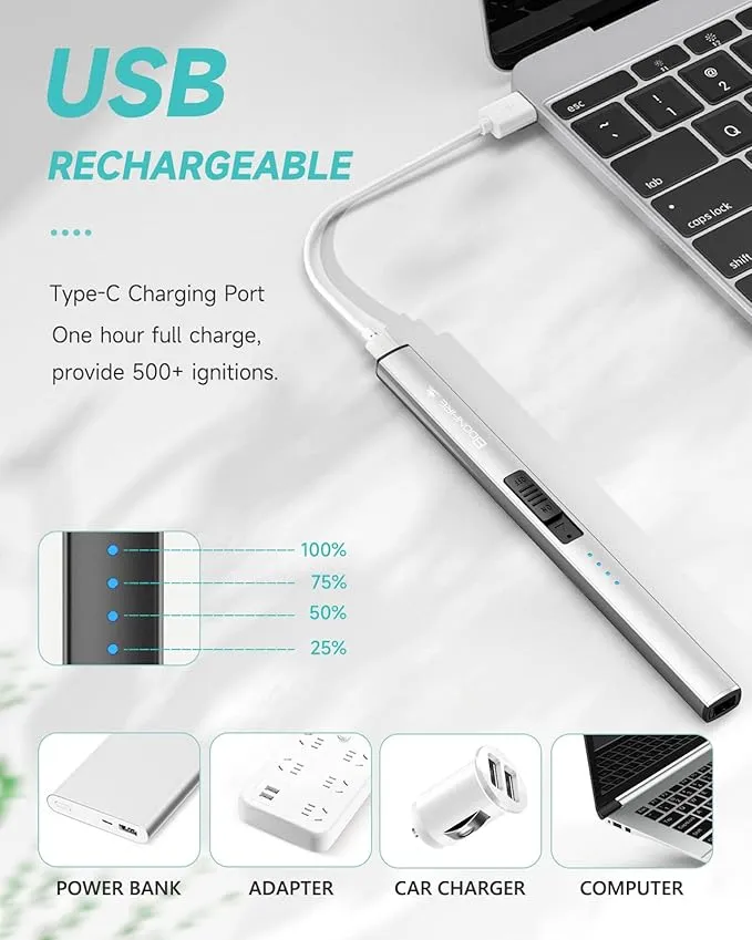Boonfire Candle Lighter, Electric Rechargeable Arc Lighter with LED Battery Display Portable USB Charging Flame-Less Windproof Lighters for Light Candles Gas Stoves Camping Barbecue(Silver)