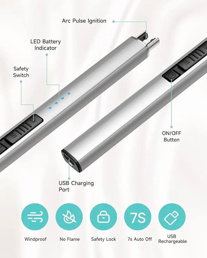 Boonfire Candle Lighter, Electric Rechargeable Arc Lighter with LED Battery Display Portable USB Charging Flame-Less Windproof Lighters for Light Candles Gas Stoves Camping Barbecue(Silver)