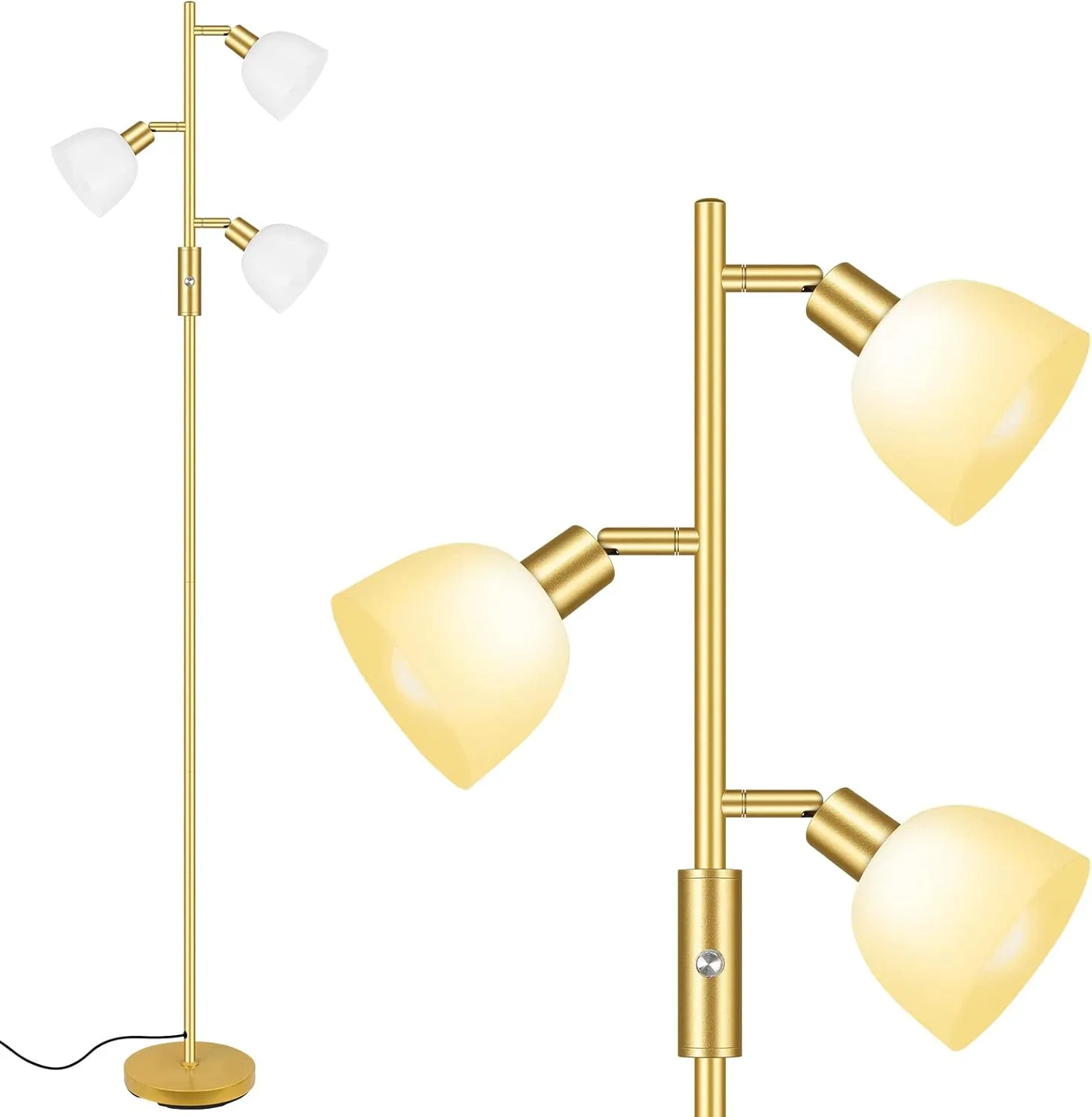BoostArea Floor Lamp, Standing Lamp, Gold Torchiere Floor Lamp with 3 Adjustable Rotating Lights, 3 Way Switch, 3PCs E12 4W LED Bulb Included, Metal Pole Lamps for Living Room, Bedroom, Home, Office
