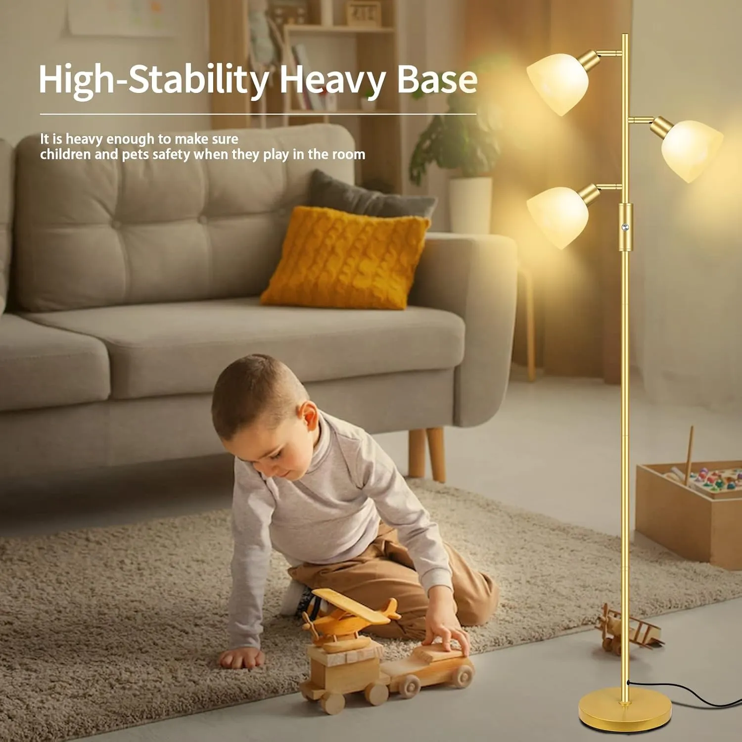 BoostArea Floor Lamp, Standing Lamp, Gold Torchiere Floor Lamp with 3 Adjustable Rotating Lights, 3 Way Switch, 3PCs E12 4W LED Bulb Included, Metal Pole Lamps for Living Room, Bedroom, Home, Office