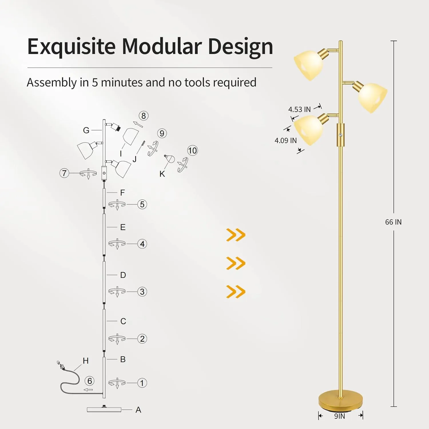BoostArea Floor Lamp, Standing Lamp, Gold Torchiere Floor Lamp with 3 Adjustable Rotating Lights, 3 Way Switch, 3PCs E12 4W LED Bulb Included, Metal Pole Lamps for Living Room, Bedroom, Home, Office