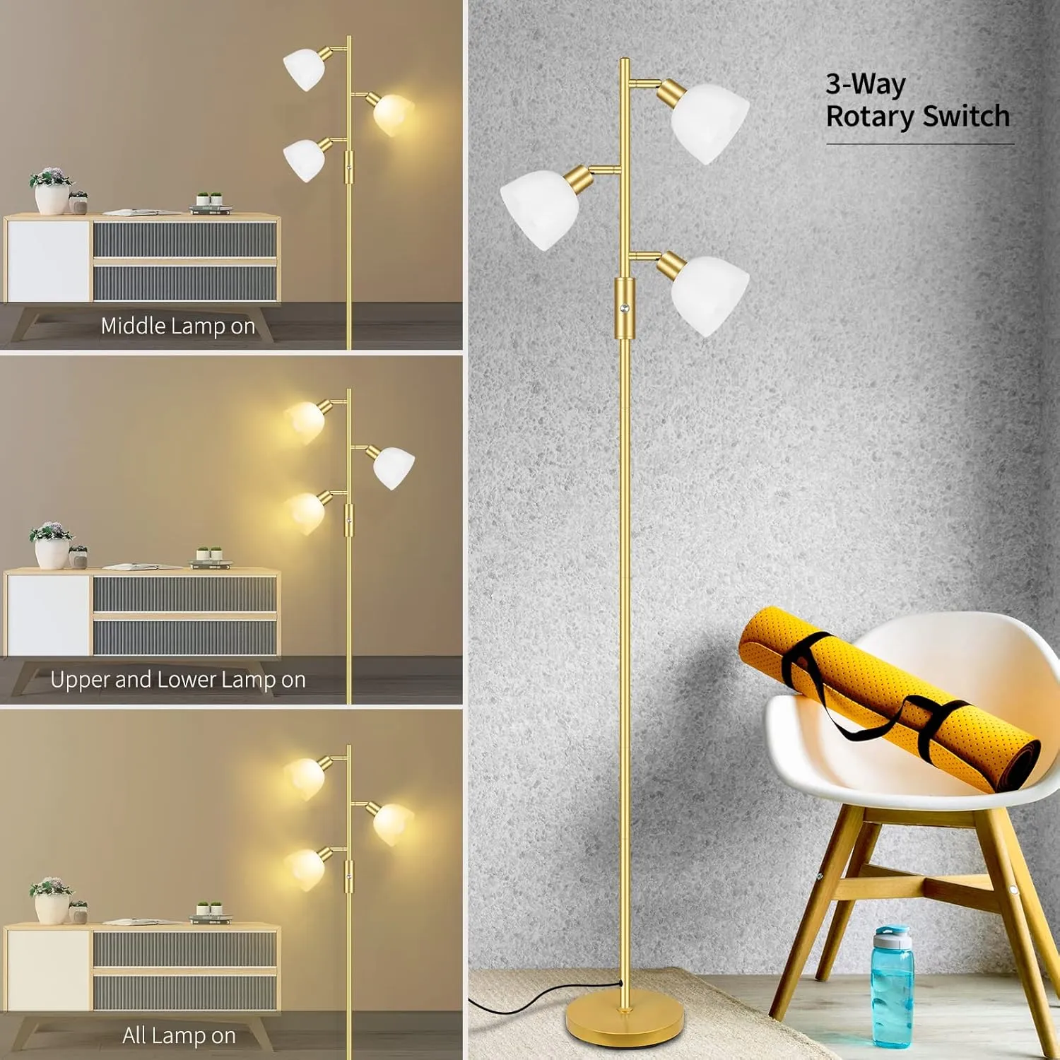BoostArea Floor Lamp, Standing Lamp, Gold Torchiere Floor Lamp with 3 Adjustable Rotating Lights, 3 Way Switch, 3PCs E12 4W LED Bulb Included, Metal Pole Lamps for Living Room, Bedroom, Home, Office