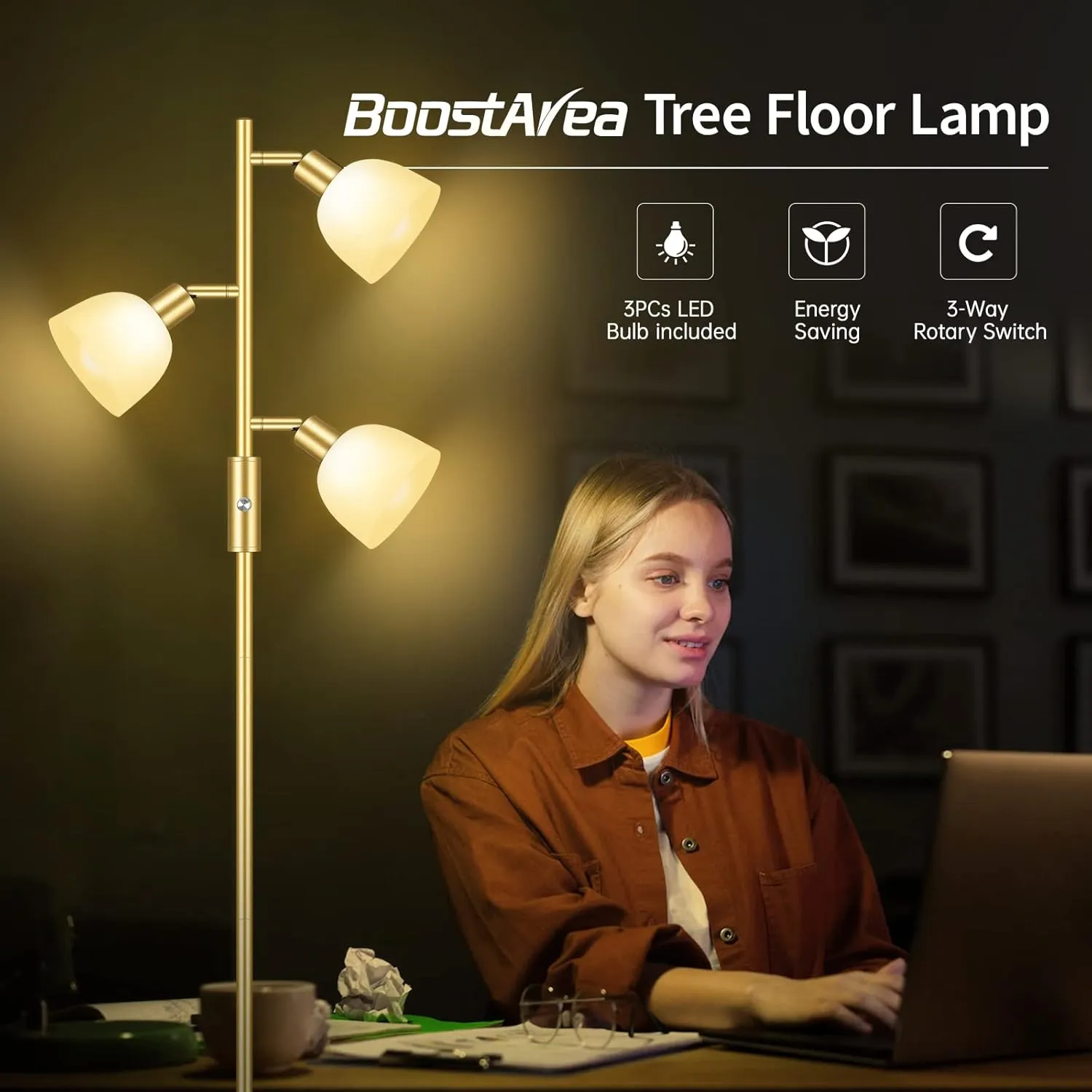 BoostArea Floor Lamp, Standing Lamp, Gold Torchiere Floor Lamp with 3 Adjustable Rotating Lights, 3 Way Switch, 3PCs E12 4W LED Bulb Included, Metal Pole Lamps for Living Room, Bedroom, Home, Office