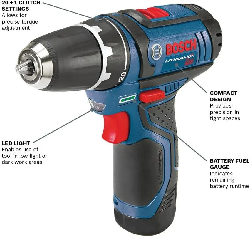 BOSCH PS31-2A 12V Max 3/8 Inch Drill/Driver Kit with (2) 2 Ah Batteries and Charger, Variable Speed