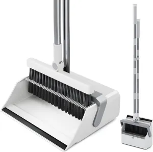 Broom with Dustpan Combo Set for Sweeping Outdoor and Indoor, Collapsible Brooms and Dustpans Sets with Long Handle for Pet Hair, Upright Broom and Dust Pan for Home, Kitchen, Yard and Garage