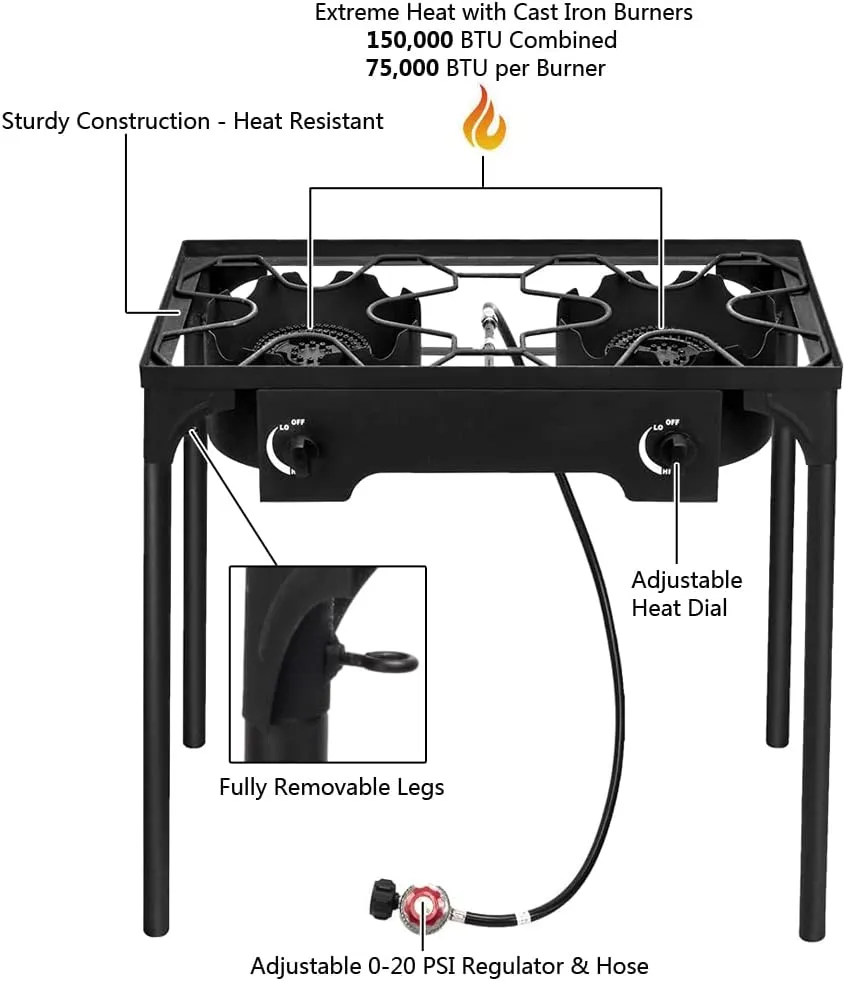 BTU dual burner camping stove, outdoor portable camping stove, detachable legs, suitable for outdoor camping, courtyard, and gatherings (2-burner)