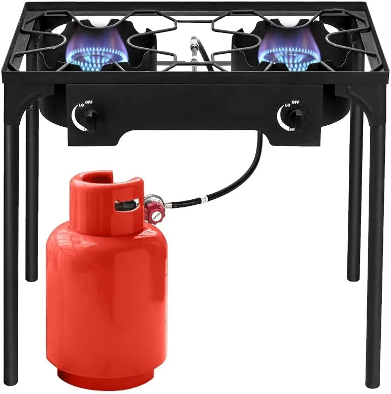 BTU dual burner camping stove, outdoor portable camping stove, detachable legs, suitable for outdoor camping, courtyard, and gatherings (2-burner)