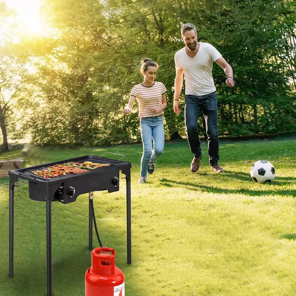 BTU dual burner camping stove, outdoor portable camping stove, detachable legs, suitable for outdoor camping, courtyard, and gatherings (2-burner)