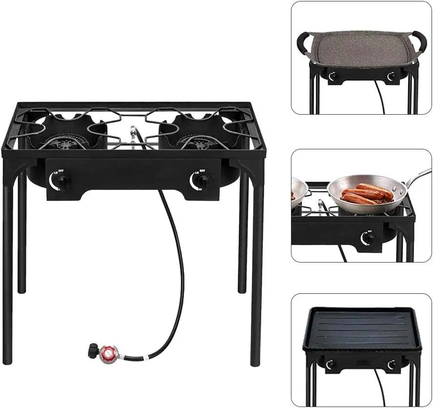 BTU dual burner camping stove, outdoor portable camping stove, detachable legs, suitable for outdoor camping, courtyard, and gatherings (2-burner)