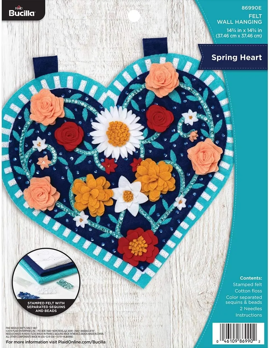 Bucilla Felt Applique Wall Hanging Kit, 14.75" x 14.75", Spring Hearts w/ 3D Flowers