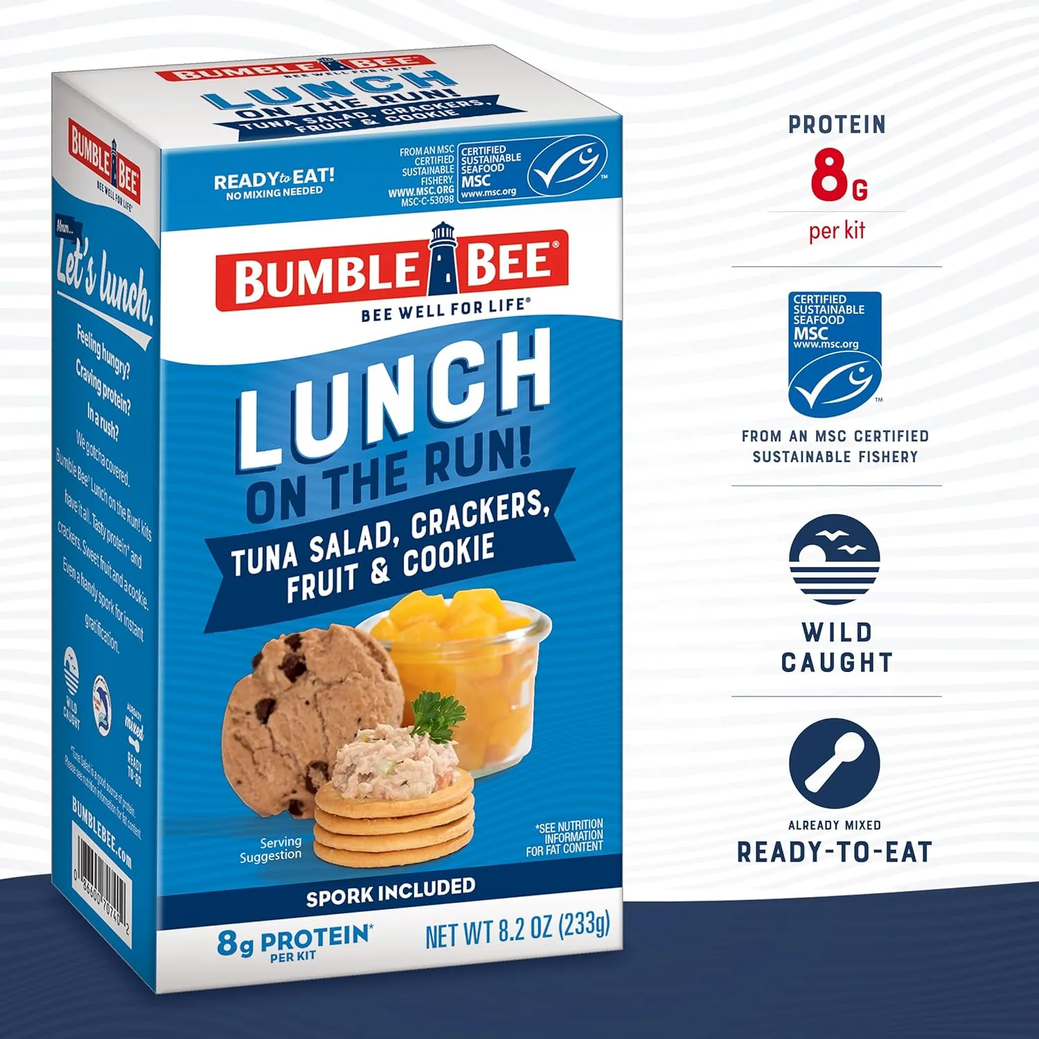 Bumble Bee Lunch On The Run Tuna Salad with Crackers Kit, 8.2 oz (Pack of 4) - Ready to Eat, Includes Crackers, Cookie & Peaches - Wild Caught Tuna - Shelf Stable & Convenient Source of Protein