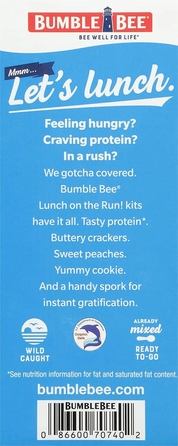 Bumble Bee Lunch On The Run Tuna Salad with Crackers Kit, 8.2 oz (Pack of 4) - Ready to Eat, Includes Crackers, Cookie & Peaches - Wild Caught Tuna - Shelf Stable & Convenient Source of Protein
