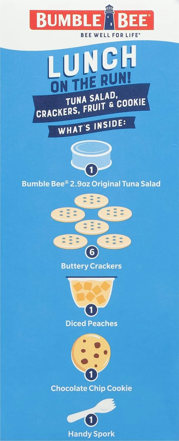 Bumble Bee Lunch On The Run Tuna Salad with Crackers Kit, 8.2 oz (Pack of 4) - Ready to Eat, Includes Crackers, Cookie & Peaches - Wild Caught Tuna - Shelf Stable & Convenient Source of Protein