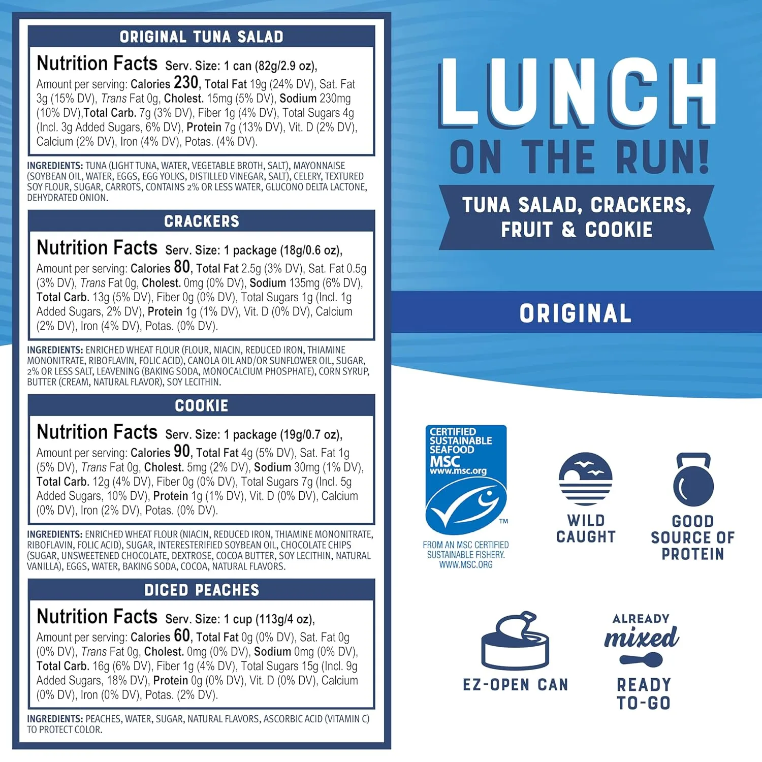 Bumble Bee Lunch On The Run Tuna Salad with Crackers Kit, 8.2 oz (Pack of 4) - Ready to Eat, Includes Crackers, Cookie & Peaches - Wild Caught Tuna - Shelf Stable & Convenient Source of Protein