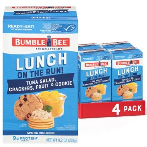 Bumble Bee Lunch On The Run Tuna Salad with Crackers Kit, 8.2 oz (Pack of 4) - Ready to Eat, Includes Crackers, Cookie & Peaches - Wild Caught Tuna - Shelf Stable & Convenient Source of Protein