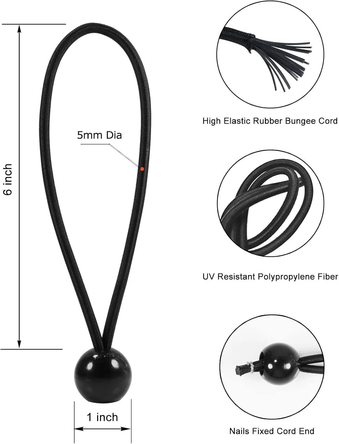 Bungee Balls 6 Inch,Black Bungee Cord for Canopy Tarp, UV Resistant,50-Piece