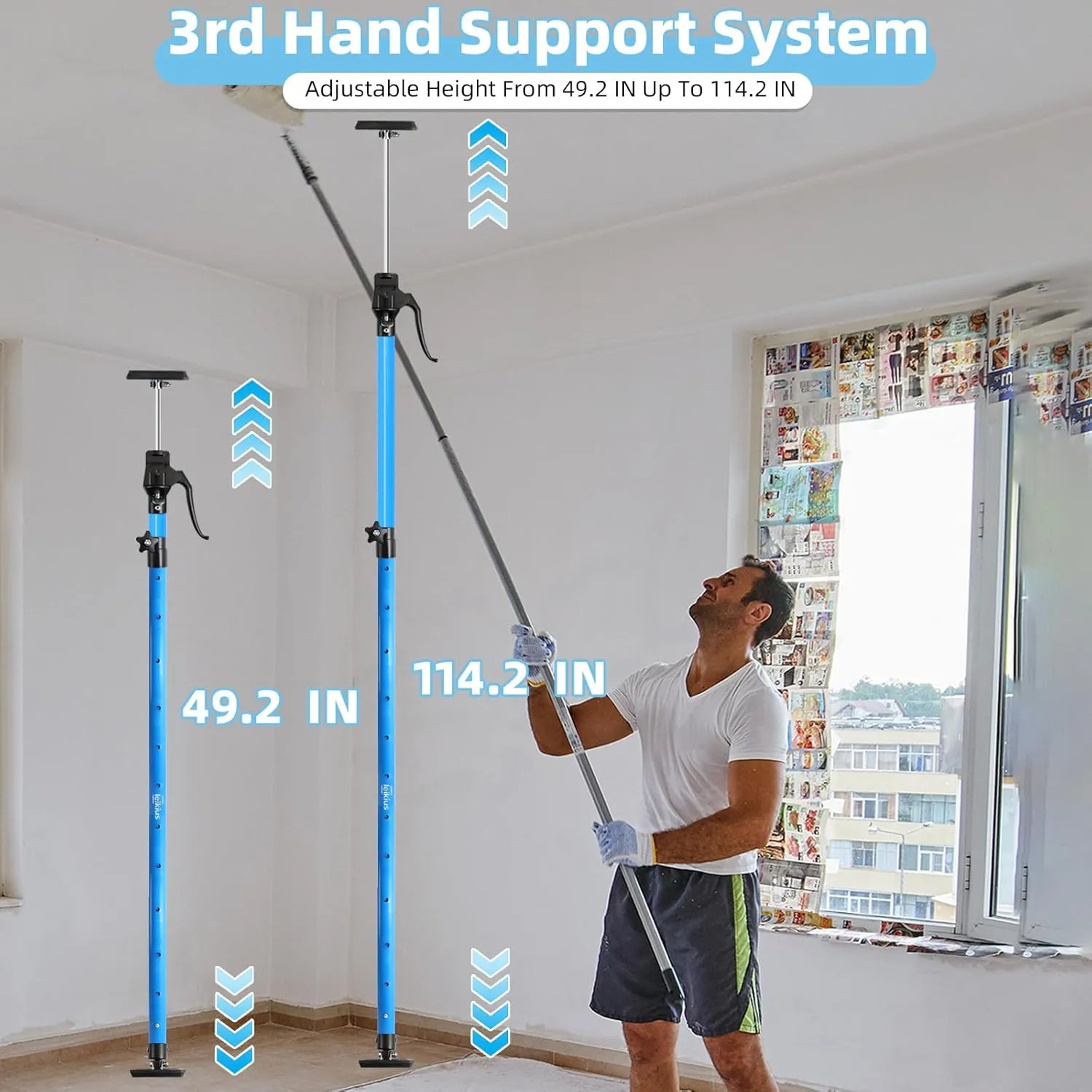 Cabinet Jacks for Installing Cabinets, Heavy Duty Third Hand Support Pole，Drywall Jack,Premium Support Pole,Telescopic Adjustable 3rd Hand Support Pole For Celling Extend from 49.2 to 114.2 inches 1PC