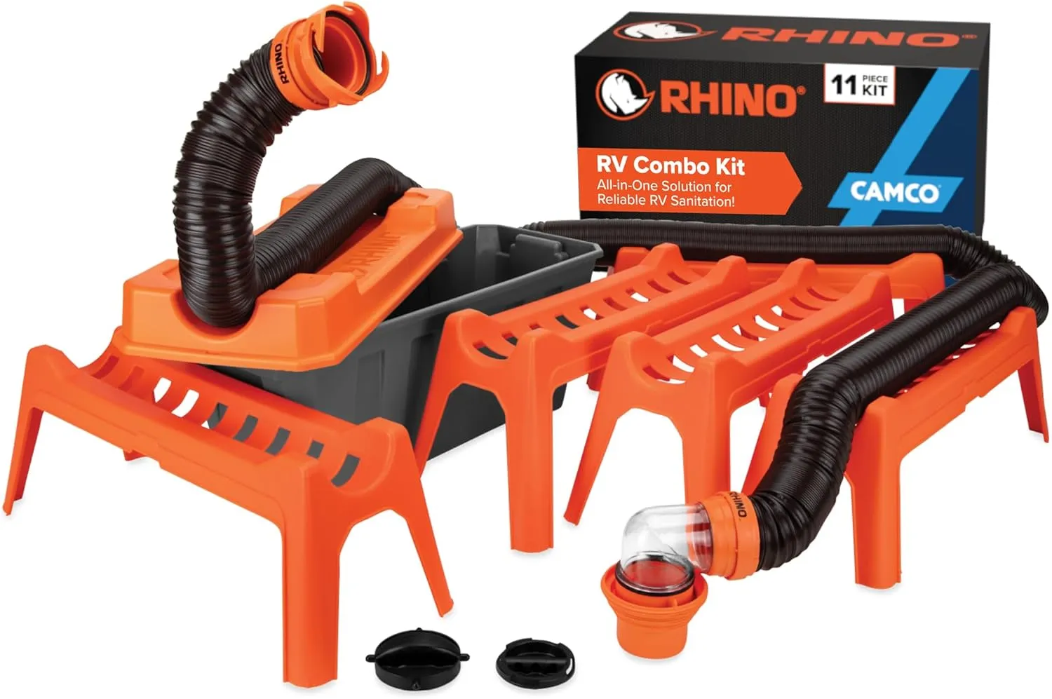 Camco Rhino Ultimate 20' RV Sewer Hose Kit — All-in-One Sewer Hose Solution — 11-Piece Combo Kit Includes Storage Box for Nesting Support & Camper Organization (43075)