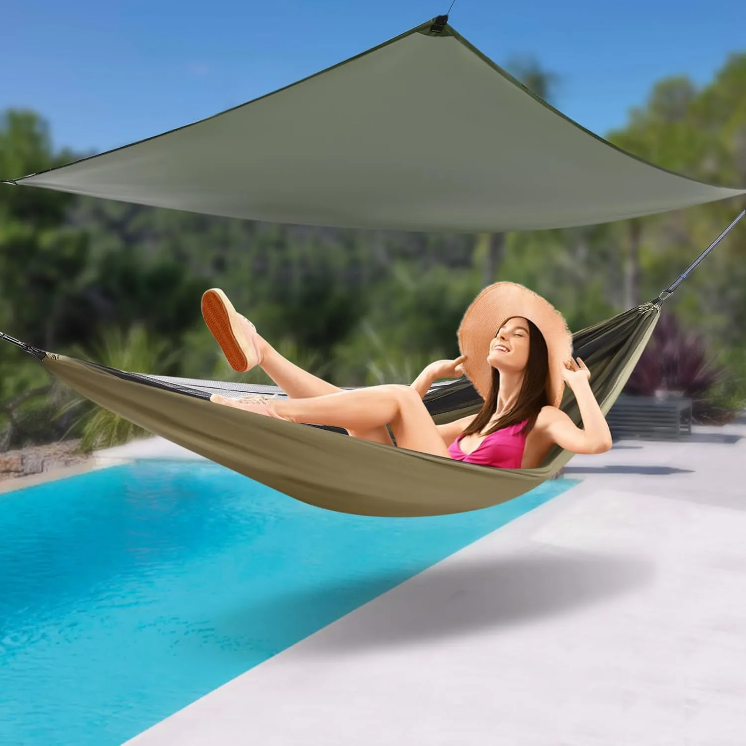 Camping Hammock, Hammocks with Sun Shade Tent and Rain Fly Tarp, Hammock with Built-in Pocket for Backpacking and Travel, 440.9LBS Load-Bearing Capacity (Army Green)