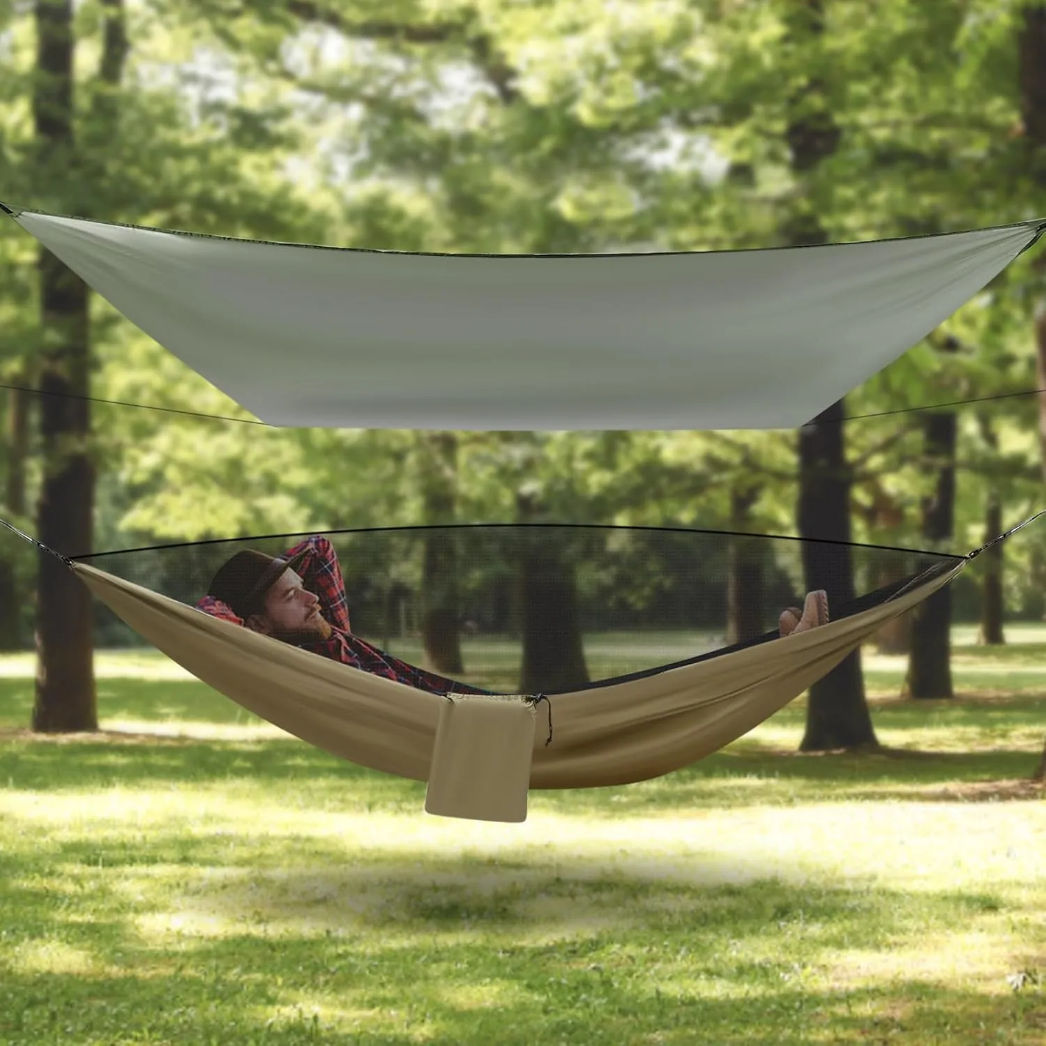 Camping Hammock, Hammocks with Sun Shade Tent and Rain Fly Tarp, Hammock with Built-in Pocket for Backpacking and Travel, 440.9LBS Load-Bearing Capacity (Army Green)