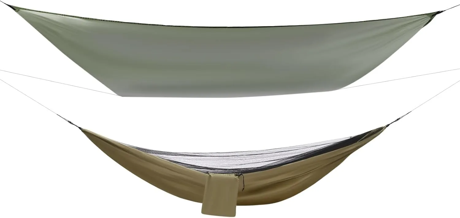 Camping Hammock, Hammocks with Sun Shade Tent and Rain Fly Tarp, Hammock with Built-in Pocket for Backpacking and Travel, 440.9LBS Load-Bearing Capacity (Army Green)