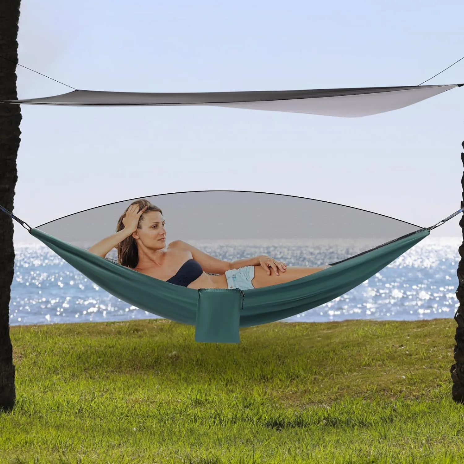 Camping Hammock, Hammocks with Sun Shade Tent and Rain Fly Tarp, Hammock with Built-in Pocket for Backpacking and Travel, 440.9LBS Load-Bearing Capacity (Black, Blackish Green)